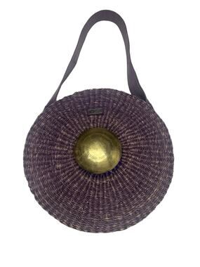 Vintage Purple Woven Raffia & Leather Medallion Round Bag Shoulder Purse Bag